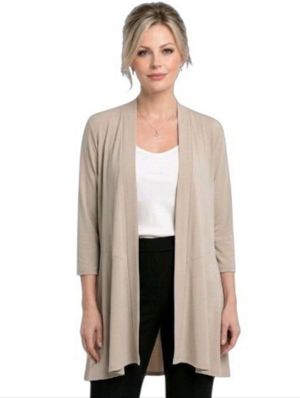 Susan Graver Taupe/Beige Liquid Knit 3/4 Sleeve Open Front Cardigan Size L